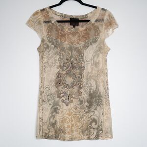 French Blue Womens Shirt Size‎ Large Brown Tan Paisley Embellished Boho Western